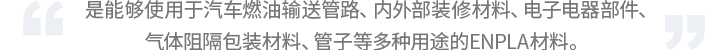 是能夠使用于汽車(chē)燃油輸送管路、內(nèi)外部裝修材料、電子電器部件、氣體阻隔包裝材料、管子等多種用途的ENPLA材料。